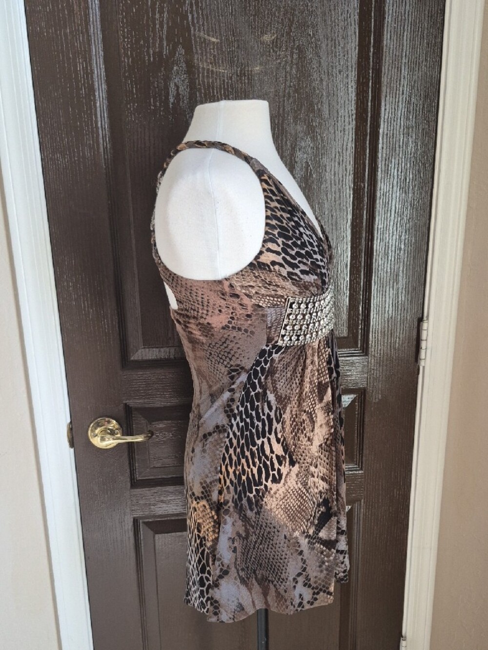Sky Studded Empire Waist Animal Print Halter Dress in Brown and Tan Nwot - Picture 5 of 7